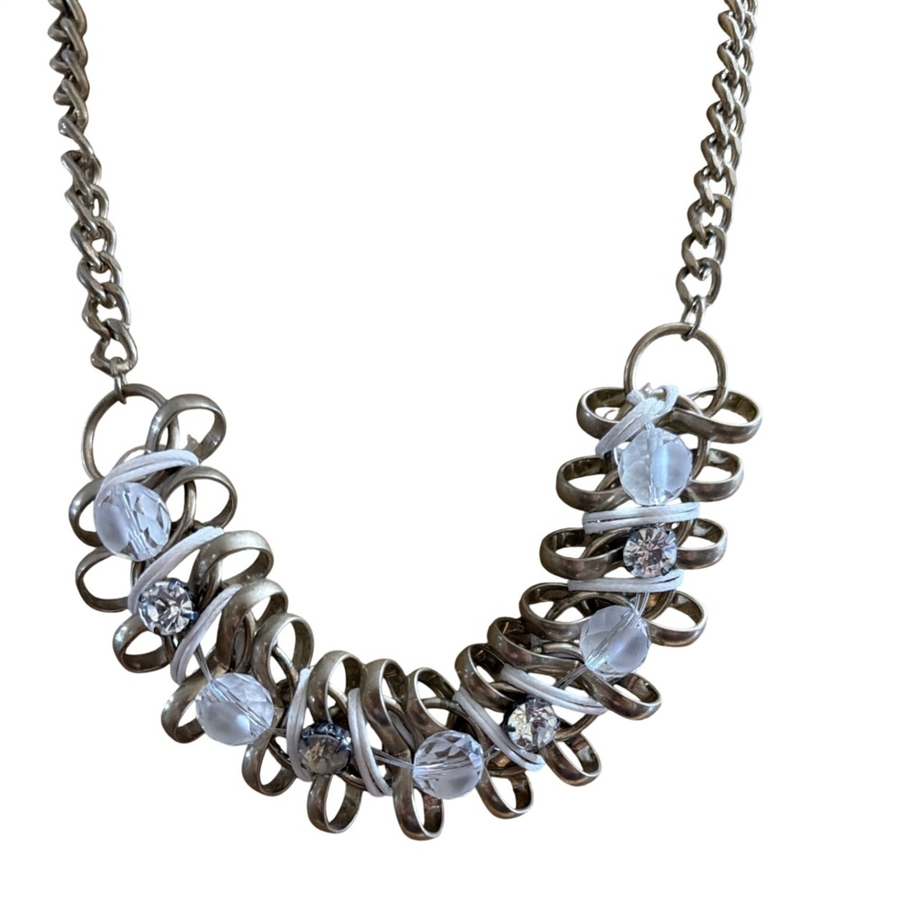 Gold Tone Statement Bib Necklace Clear Crystal Beads Chunky Industrial Boho Chic